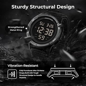 PINDOWS Mens Digital Watch, 50M Waterproof Army Work Sports Velcro Strap