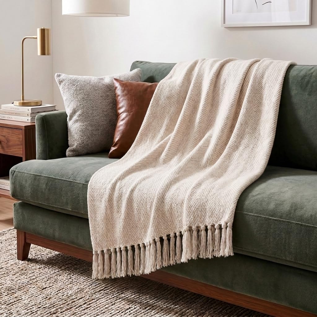 Americanflat Coperta in 100% cotone, per divano, 50 x 60 cm, per tutte le stagioni, leggera, morbida e leggera, per letto, divano o sedia, per interni o esterni, colore: panna e beige a zig zag