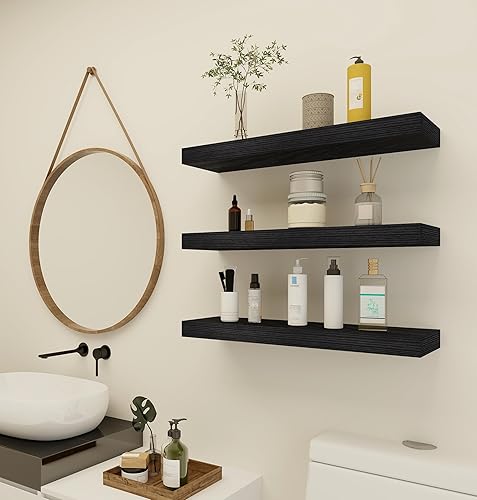 Miniatura 5 de Vervida Estantes Flotantes Negros para Pared, Estantes Profundos de Madera Rústica de 24" Montados en Pared con Soportes Invisibles para Decoración