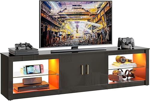 Miniatura 44 de Bestier soporte RGB para televisión de más de 65 pulgadas, centro de entretenimiento para videojuegos, consola LED con 2 estantes de vidrio, para