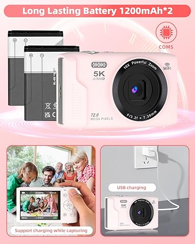 Miniatura 7 de Cámara digital 5K para fotografía, 72MP de enfoque automático WiFi Vlogging cámara para video de YouTube con zoom digital 16X, cámara compacta flash
