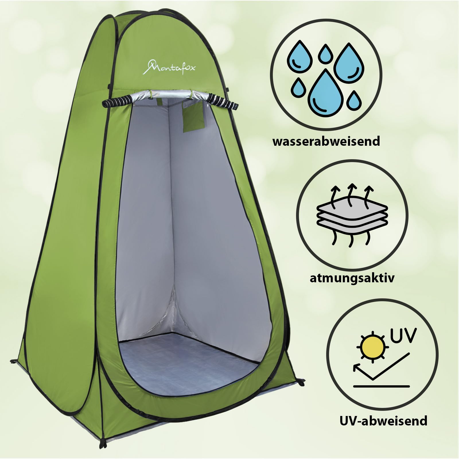 Montafox Multifunktionszelt Pop Up Zelt 2m Hoch XXL Toilettenzelt Groß Boden Abnehmbar Duschzelt Umkleide Wurfzelt Outdoor Camping WC Zelt Tragbar Mobile Umkleidekabine, Farbe:Green