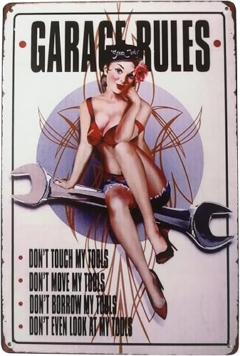 ERLOOD Garage Rules Sign Pin Up Girl Retro Vintage Decor Metal Tin Sign Gran Herramienta para el Garaje