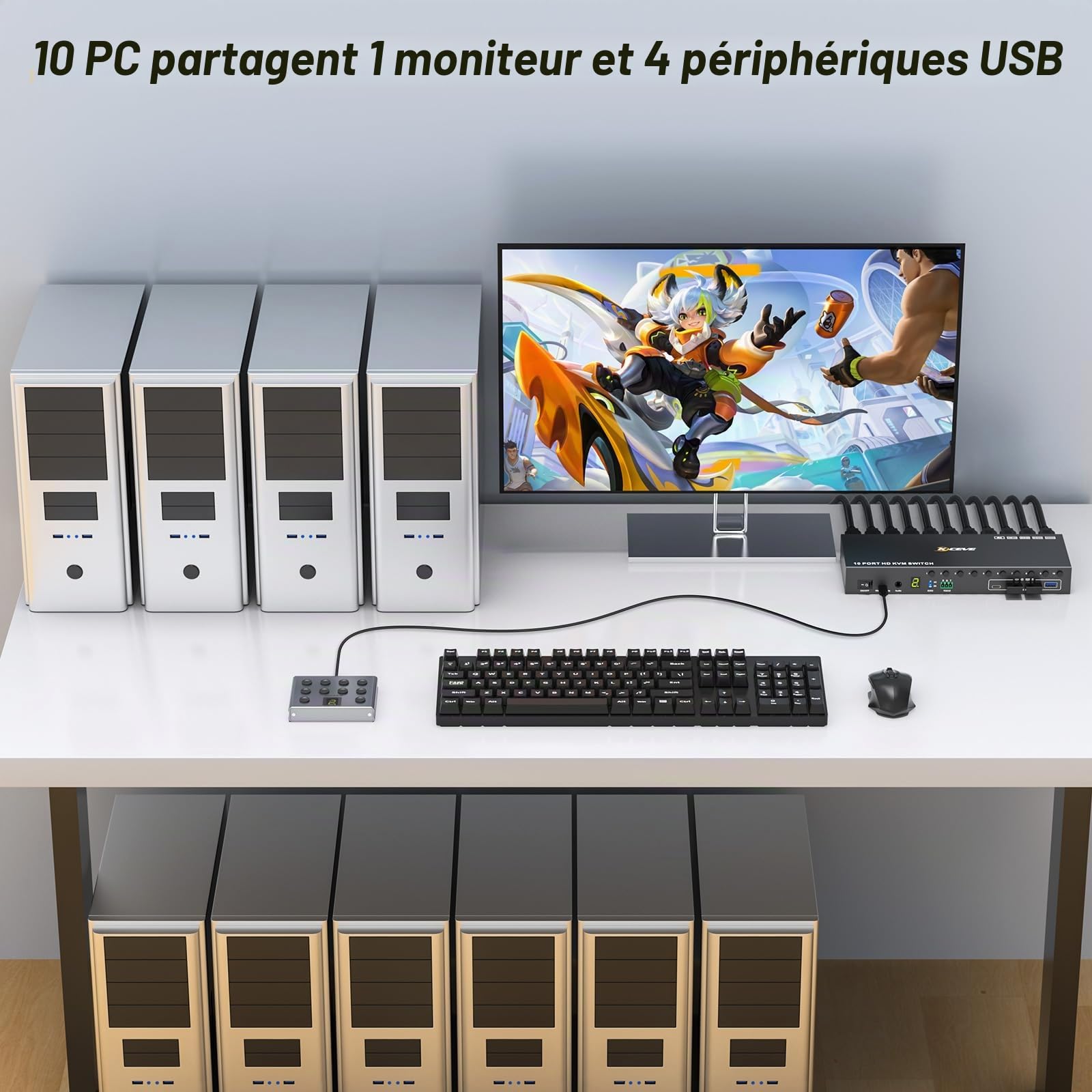 10 PC 8 PC HDMI KVM Switch 4K@60Hz EDID Analogique, 10 Port Commutateur KVM HDMI USB 3.0 pour 10 PC Partager 4 Périphériques USB et 1 Moniteur, Audio, RS232,Avec câble USB 10,Contrôleur de Bureauet