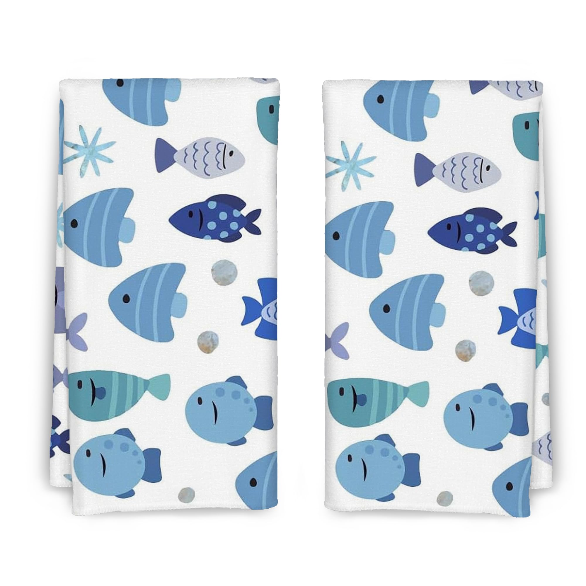 Cute Coastal Beach Fish Decorative Dish Hand Towels for Bathroom Kitchen Set of 2 - Coastal Beach Fish Bathroom Kitchen Decor, 16x24 in