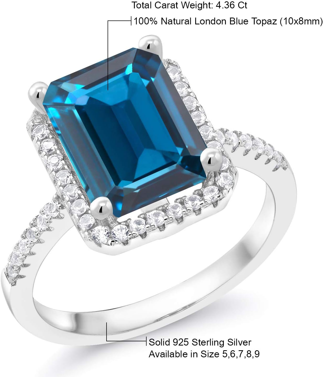 Gem Stone King 2-5 Cttw Gemstone Birthstone Engagement Ring For Women | 925 Sterling Silver | Emerald Cut 10X8MM | Wedding Engagement Anniversary Promise Ring | Available In Size 5, 6, 7, 8, 9 - Image 5