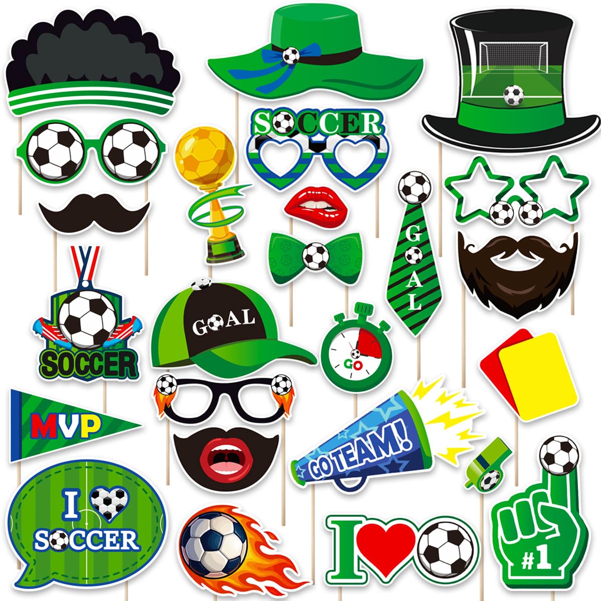 YESAH 25 Pcs Soccer Booth Props,2026 World Cup Football Party Photo Decorations,Tailgate Photobooth Props with Stick,Soccer Themed Party Decoration,Themed Party Supplies for Sports Events&Celebrations