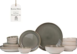 Sango 16-Piece Stoneware Dinnerware Set for 4, Glossy Cream/Green Plates and Bowls Sets with Reactive Glaze, Ceramic Dish Set, Modern Dishes for Everyday Use, Microwave & Dishwasher Safe, Resona Moss