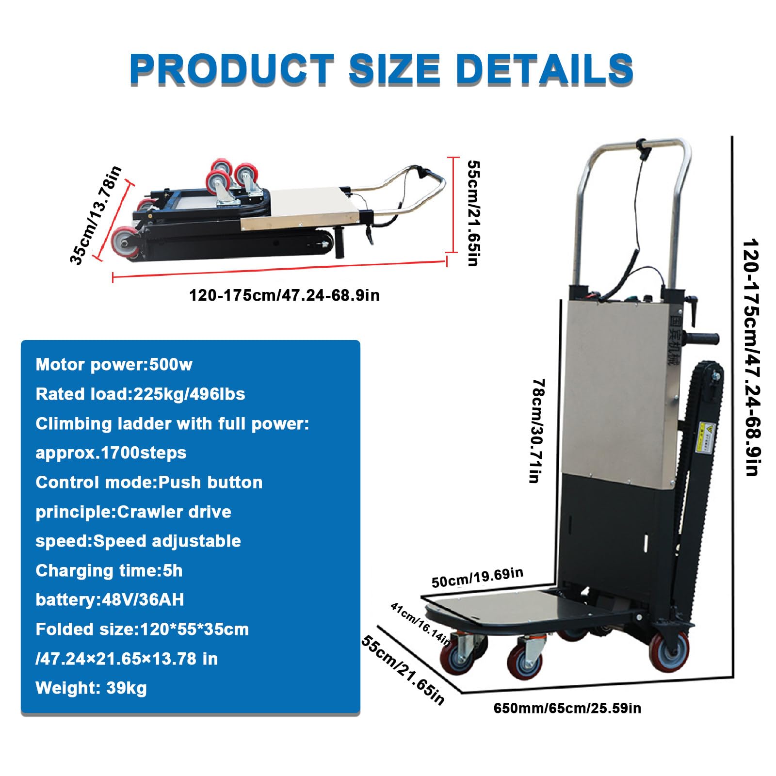 Carrello Elettrico Scale Aggiornato 500 W/850 W Carrello Scale Impieghi Gravosi 496/661 Libbre-con Batteria Rimovibile,Cingoli in Gomma Antiscivolo E Design Pieghevole 500w(2batteries)