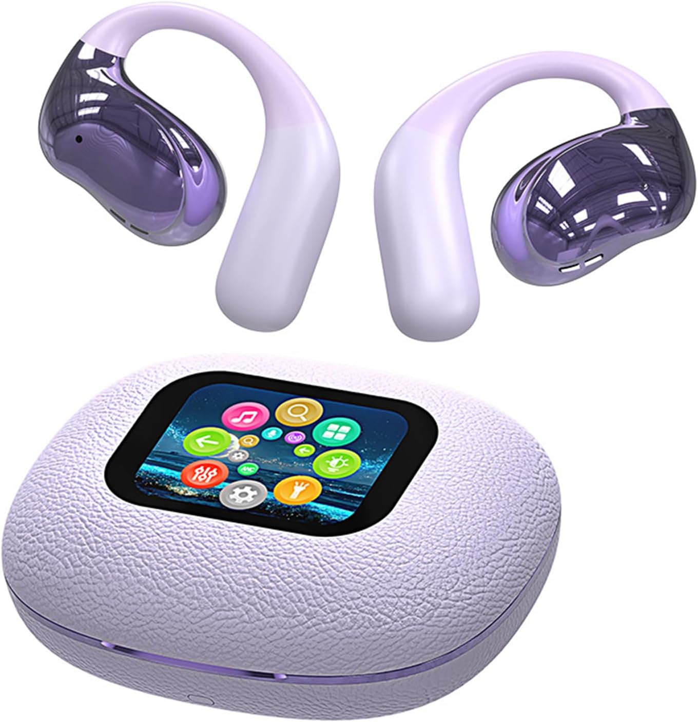 Smart Sport Clip-On Bluetooth Earbuds with Digital Screen, Noise Cancelling Ear Buds Wireless Earbuds Bluetooth, Ear Hook Style with LED Color Display Screen Compartment, Leather Texture (Purple)