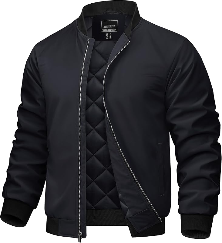 Men's Bomber Jacket Fall Winter Warm Full Zip Windbreaker Jackets | Water-repellent windproof quilted jacket, 3 utility pockets, versatile for fall winter cold weather