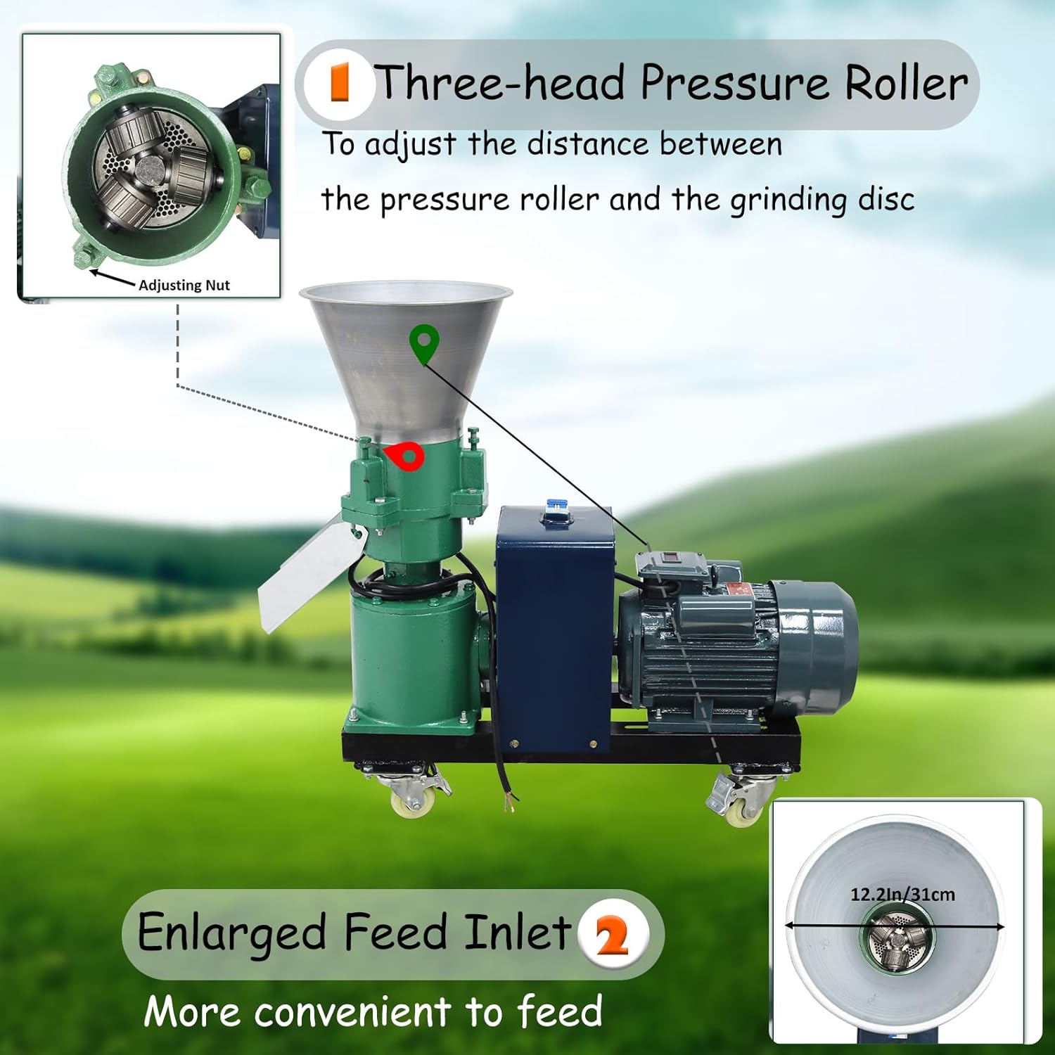 220V Pellet Mill Machine with 4mm Holes Plate Poultry Food Mill Grinder Feed Pellet Making Machine with Three Head Rollers for Chicken, Duck, Goose and Rabbit, 4.5KW 120-150KG/H
