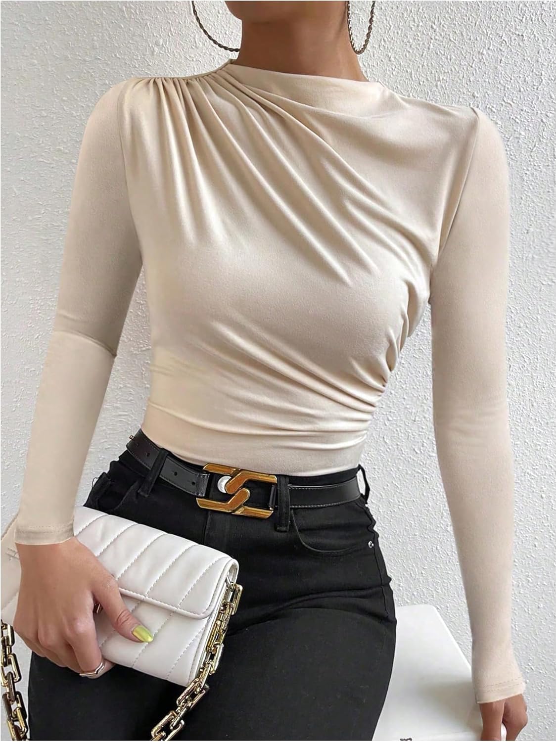 SweatyRocks Women's Ruched Long Sleeve Shirts Mock Neck Fitted T Shirts Basic Tops - Image 5