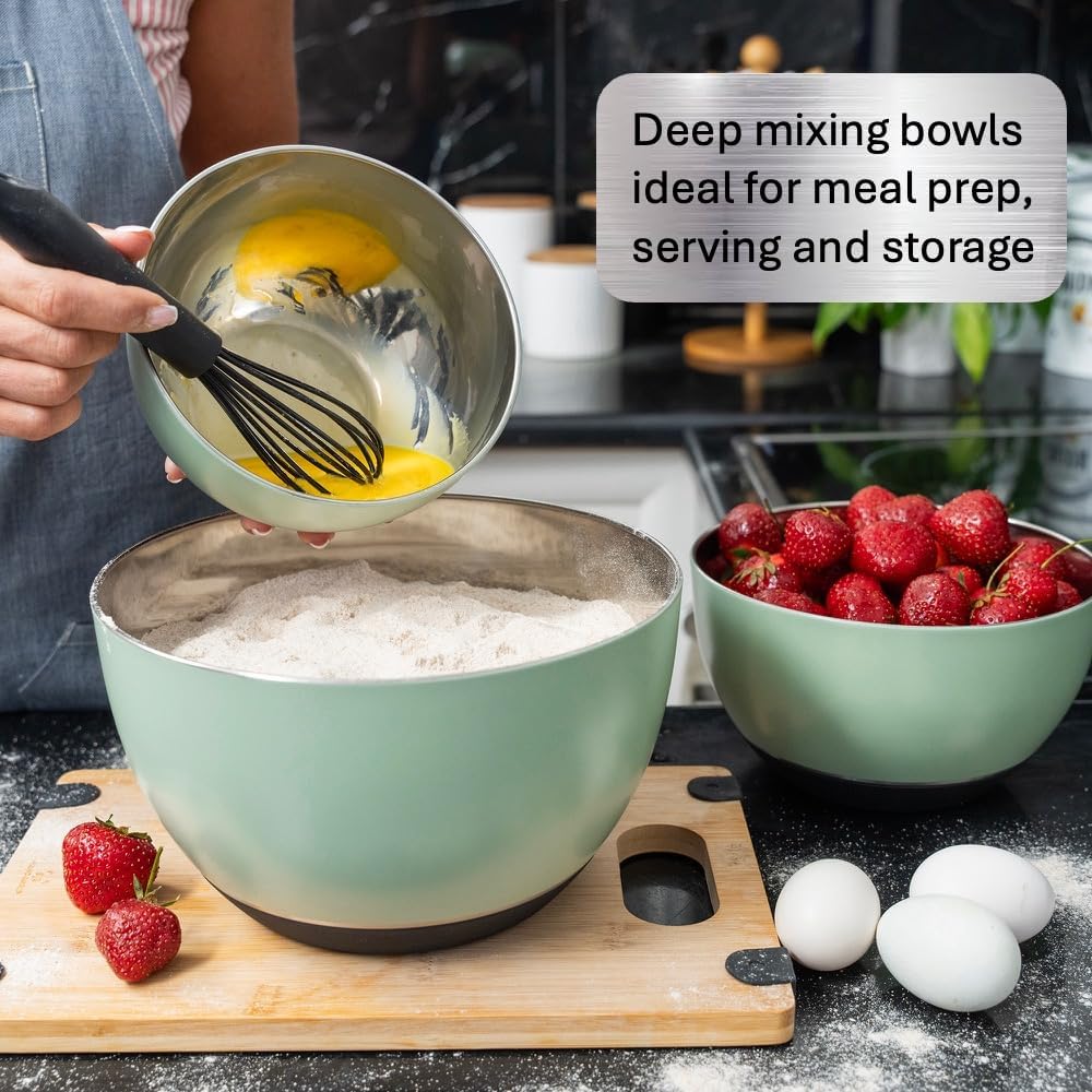 WHYSKO Stainless Steel Mixing Bowls Set of 3 with Non-Slip Silicone Base, Nesting Metal Bowls for Meal Prep, Baking, Cooking & Food Storage, Dishwasher Safe Kitchen Mixing Bowls, Green