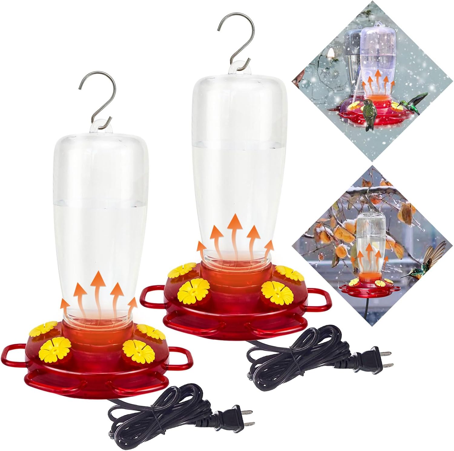 Heated Hummingbird Feeders for Outdoors, 15 Ounces Plastic Heated Hummingbird Feeder for Winter, 2-in-1 Outdoors Hanging & Window Suction Cup Design with 4 Feeding Ports (2 Pack)