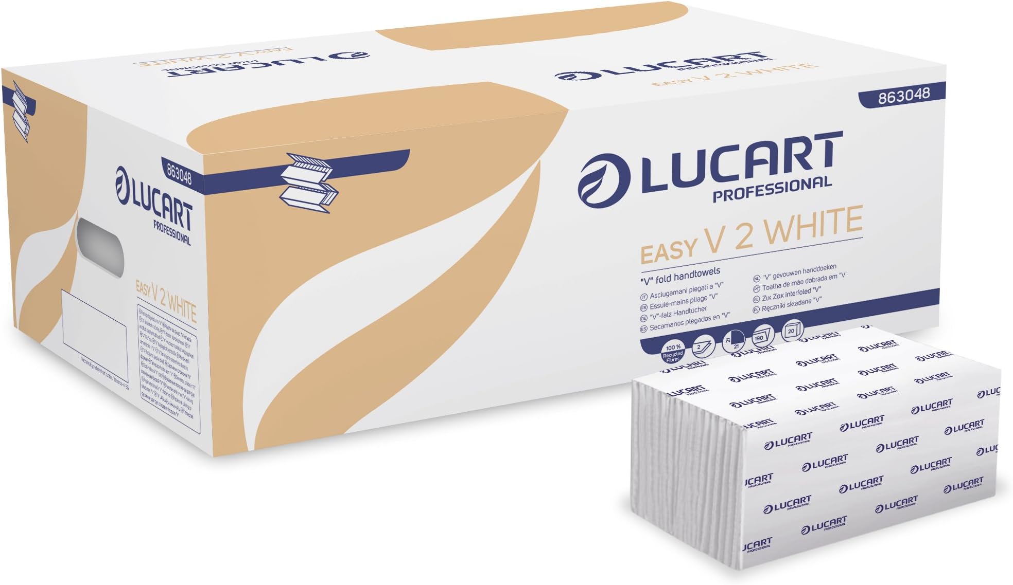 Lucart Professional 863048 Hand Towels, V-Fold, Easy V2, 190 Sheets, White (Pack of 3800)