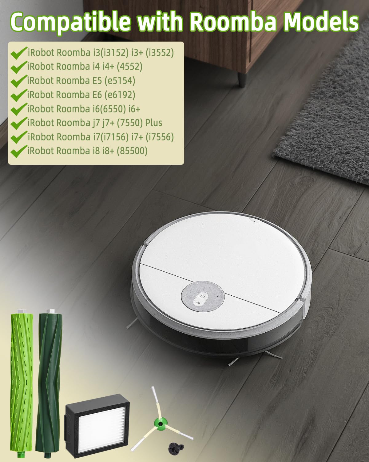 Zestaw akcesoriów części zamienne do iRobot Roomba i7 i7+ i3 i3+ i4 i4+ j7 j7+ i8 i8+ odkurzacz, akcesoria szczotki, 3 zestawy gumowych szczotek, 10 wydajnych filtrów, 10 szczotek bocznych