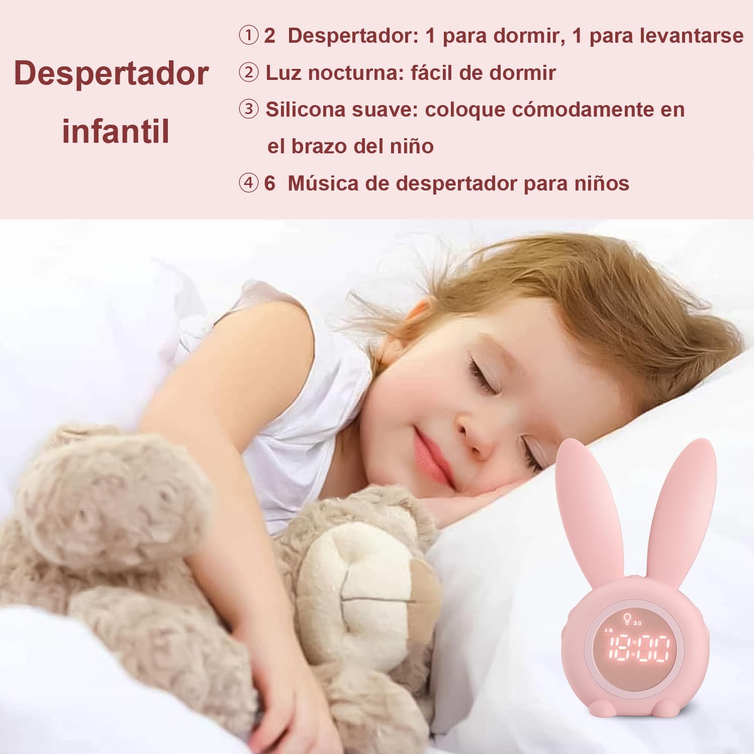 Reloj Despertador conejo Rabbit Clock, Conejito Lindo Dormitorio de Noche con lámpara de luz Nocturna + 6 música Interesante + Función de Cuenta Regresiva, Despertador infantil niña Estudiantes Rosa