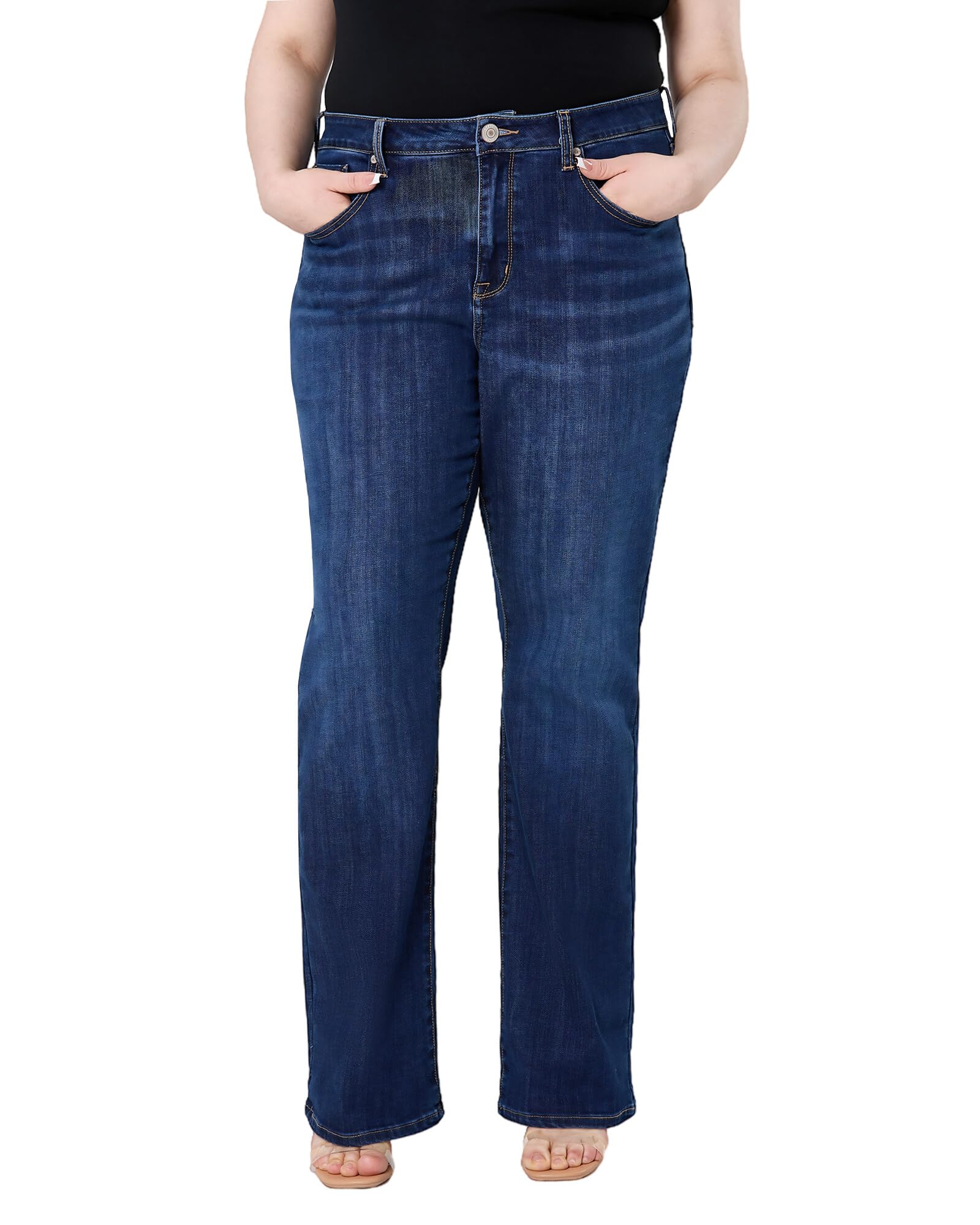 POTADY Women's Plus Size Bell Bottom Jeans Mid High Rise Flare Jean Skinny Stretchy Denim Pants