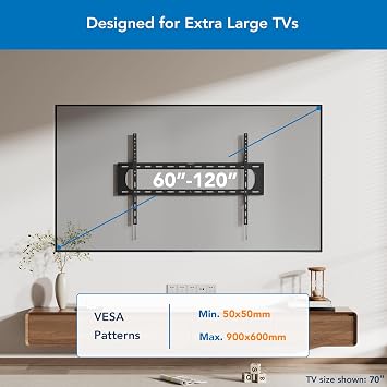 Mount-It! Heavy Duty XXL Fixed TV Mount for Extra Large TVs, Ultra Low Profile Wall Mount, max VESA 900x600, Holds 264lb, Flush TV Mount for 60, 65, 70, 75, 80, 85, 90, 100,120