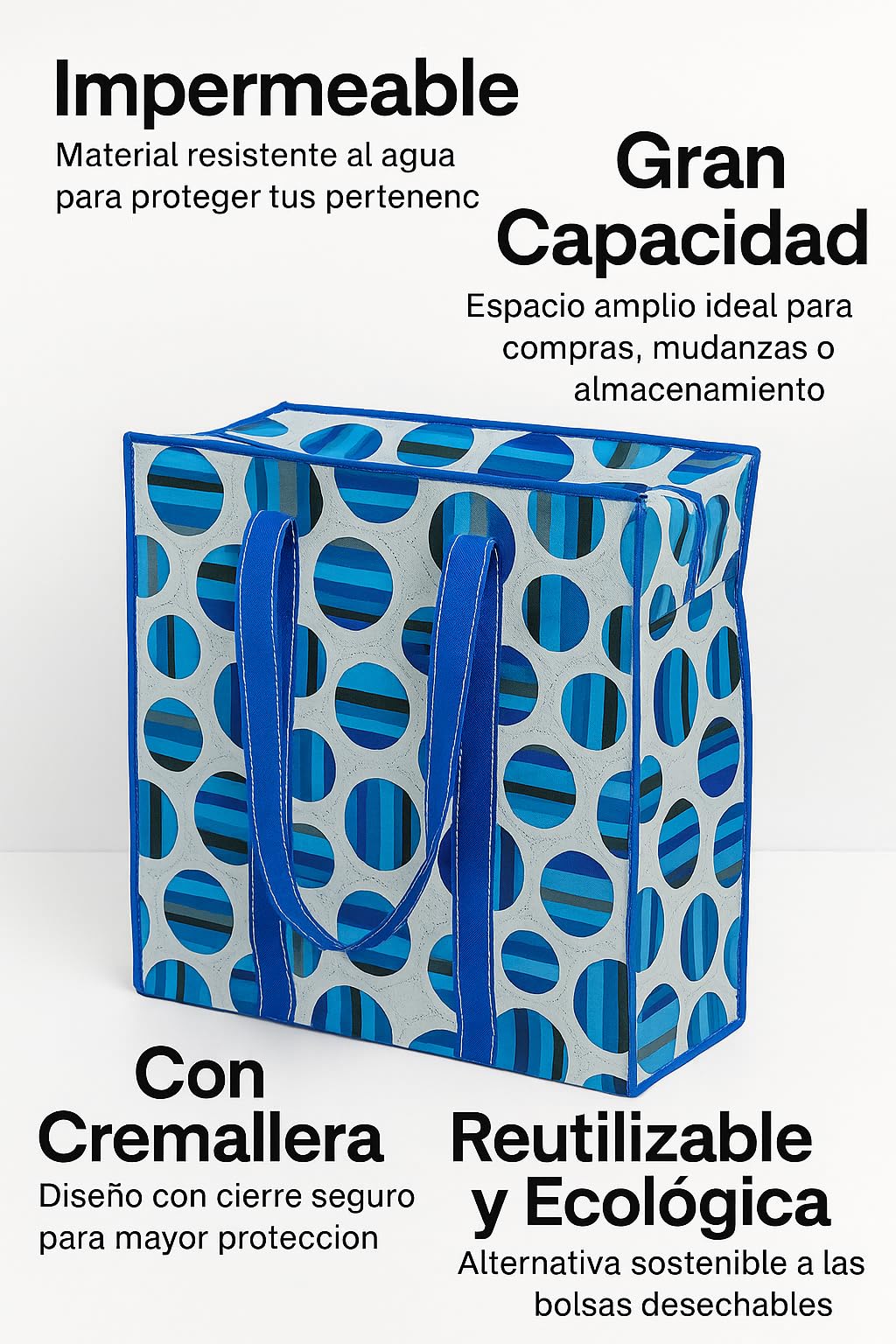 Bolsa Grande de Compras almacenaje, 53x50x20 cm Reutilizable y Plegable – Ideal para Viajes, Playa, Mudanzas y Supermercado – Cremallera, Resistente y Ligera,extra grande