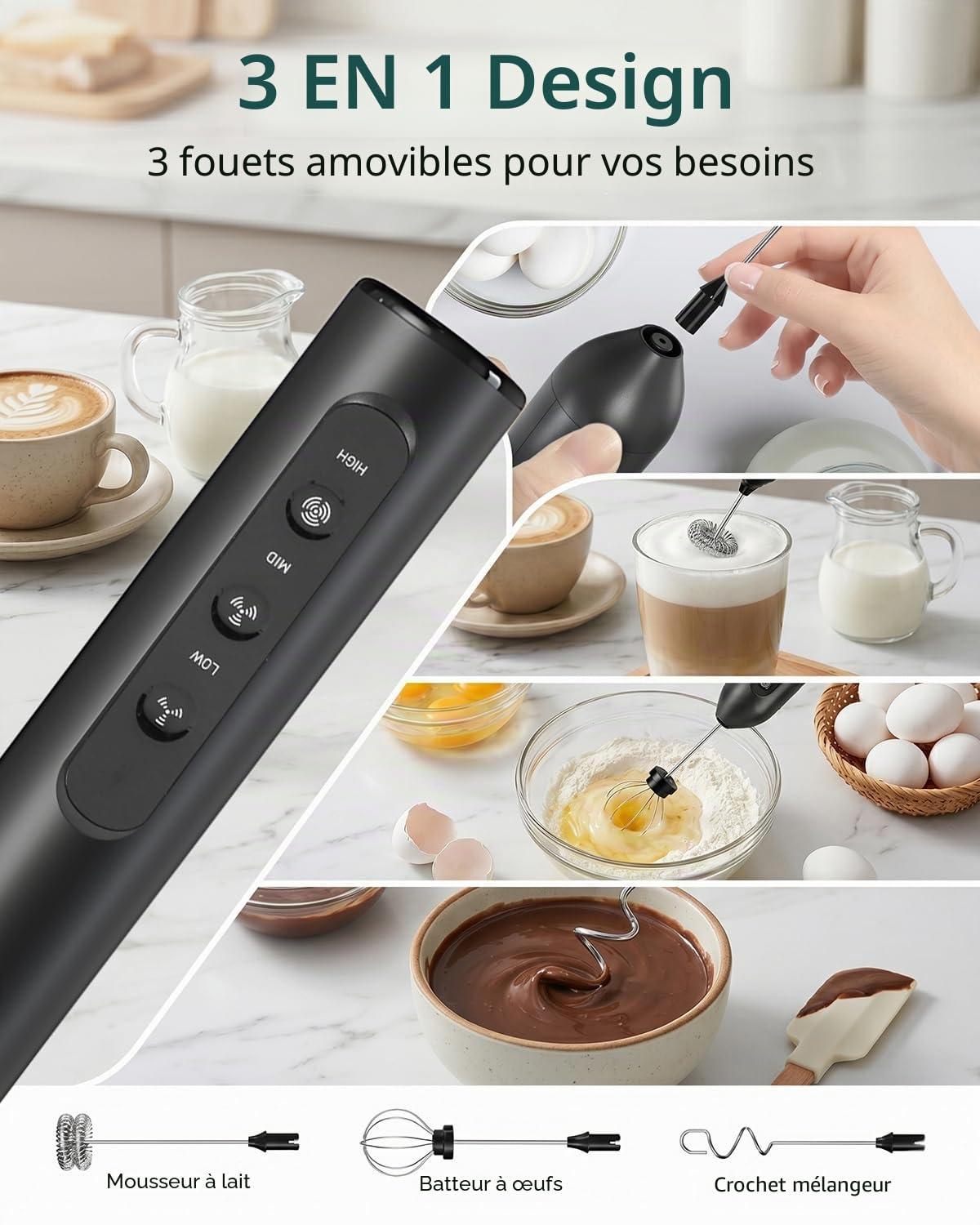 Mousseur à Lait Électrique Portable 3 en 1 avec Étui de Rangement, Mousseur Lait Rechargeable avec 3 Vitesses Réglables, Qualité Alimentaire, Accessoires Détachables pour Latte, Cappuccino, Café