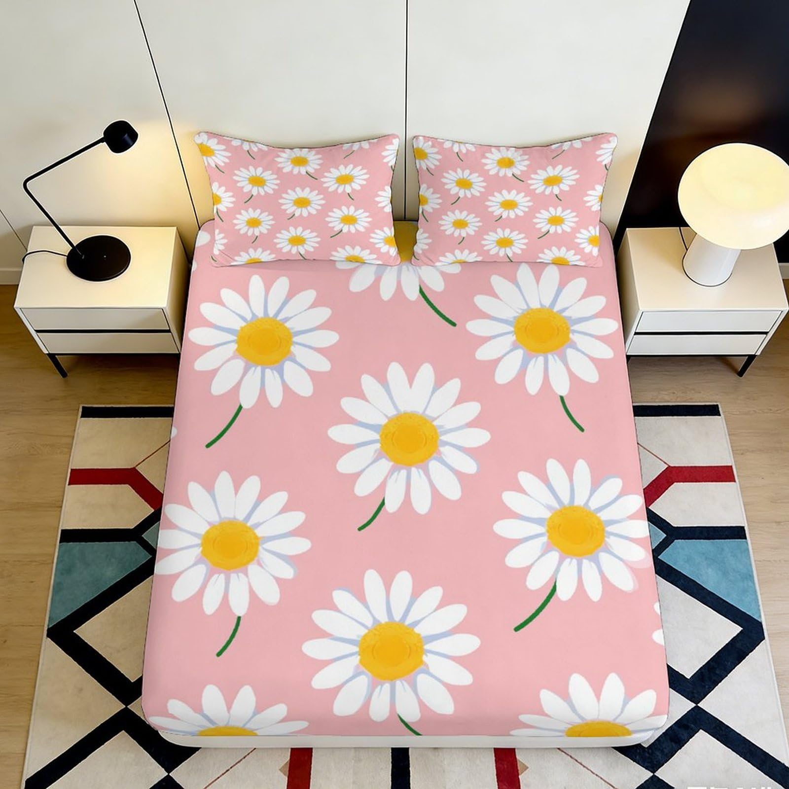 3D Printed daisy pattern Fitted Sheet soft touch Microfiber wrinkle resistant, pink bed cover for home decor, apartment bedding, easy care 90x200x25cm