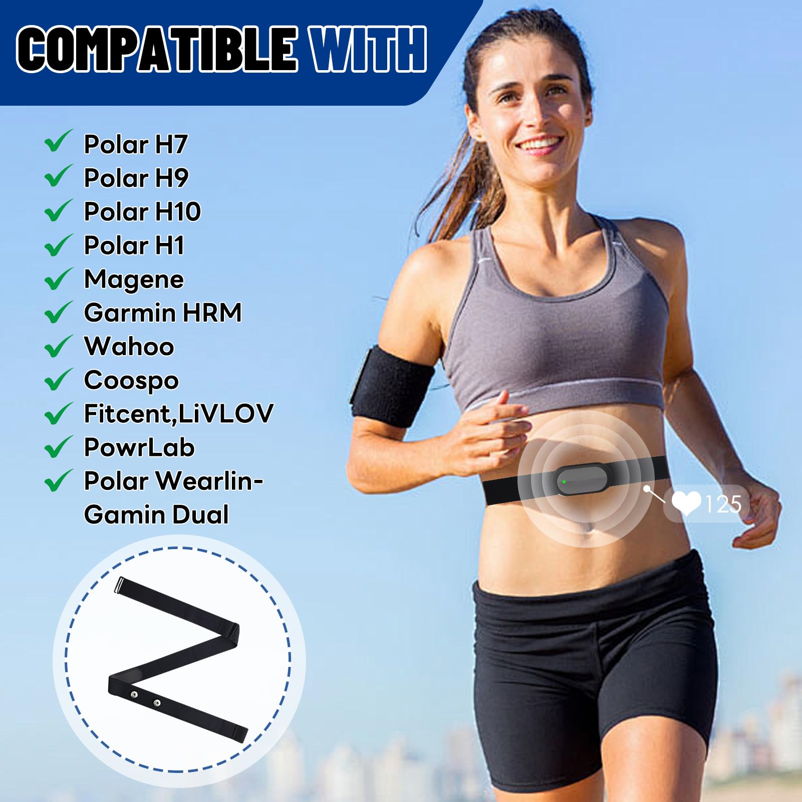 Fascia elastica regolabile per cardiofrequenzimetro (70 cm a 105 cm) compatibile con per Wahoo Polar H10 H9 Coospo Magene LIVLOV, ideale per Corsa Ciclismo