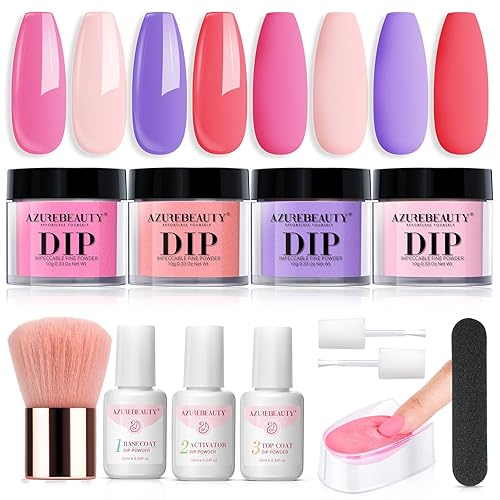 Azurebeauty - Kit de iniciación de uñas de polvo de inmersión de coral rosa morado, juego de polvo de inmersión portátil de 4 colores, base y capa