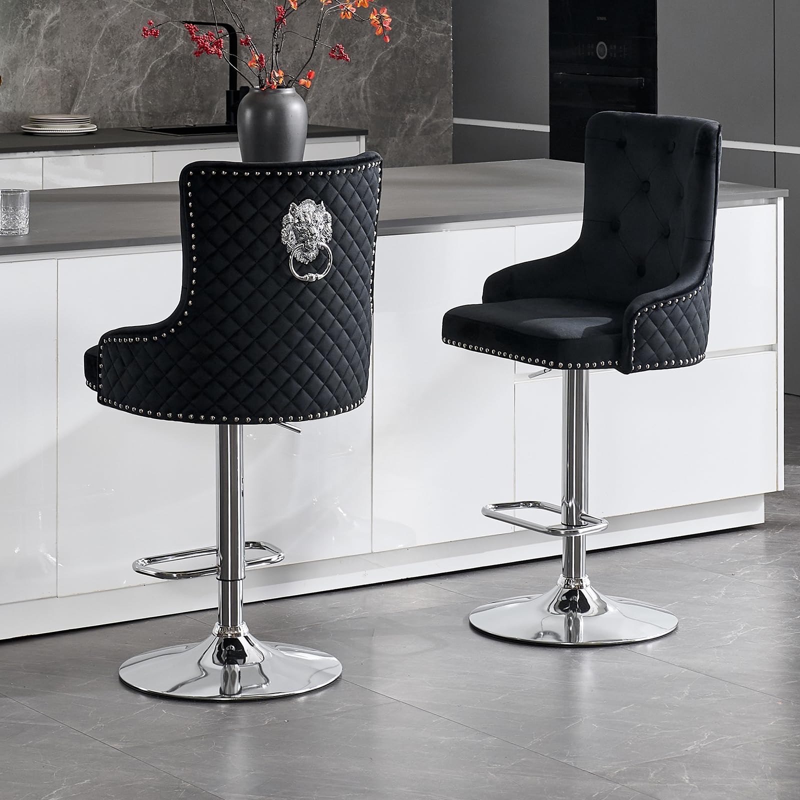 Orirsnug Velvet Barstools Set of 2 Modern Counter Height Bar Stools with Lion Pull Ring Tufted Back, Nailhead Upholstered Barstools for Home Kitchen