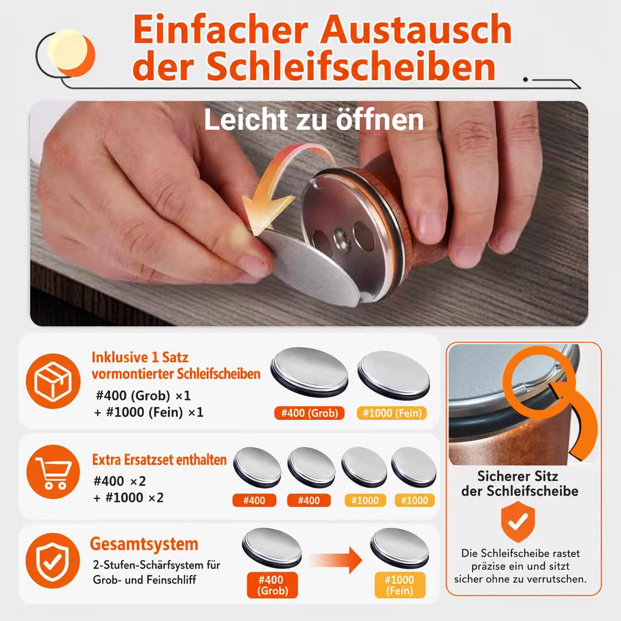 Rollschleifer Messerschärfer – Manueller Schnellschärfer für kleine Messer, Küchenmesser Set, Sapele Holz, 12°/15°/20°/25° Winkel, austauschbare Schleifscheiben 400/1000 – Sapisecret