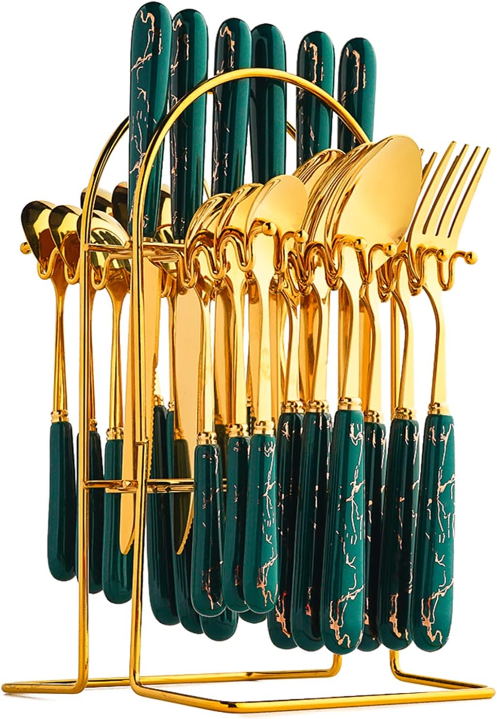24-Piece Gilded Stainless Steel Flatware Set,Kitchen Utensil Tableware Cutlery Set Service for 6, Steak Cutlery Set for Home and Restaurant (Dark Green)