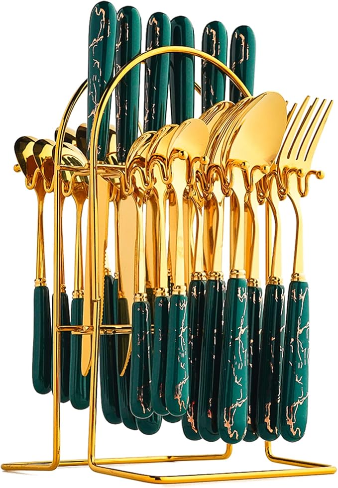 24-Piece Gilded Stainless Steel Flatware Set,Kitchen Utensil Tableware Cutlery Set Service for 6, Steak Cutlery Set for Home and Restaurant (Dark Green)