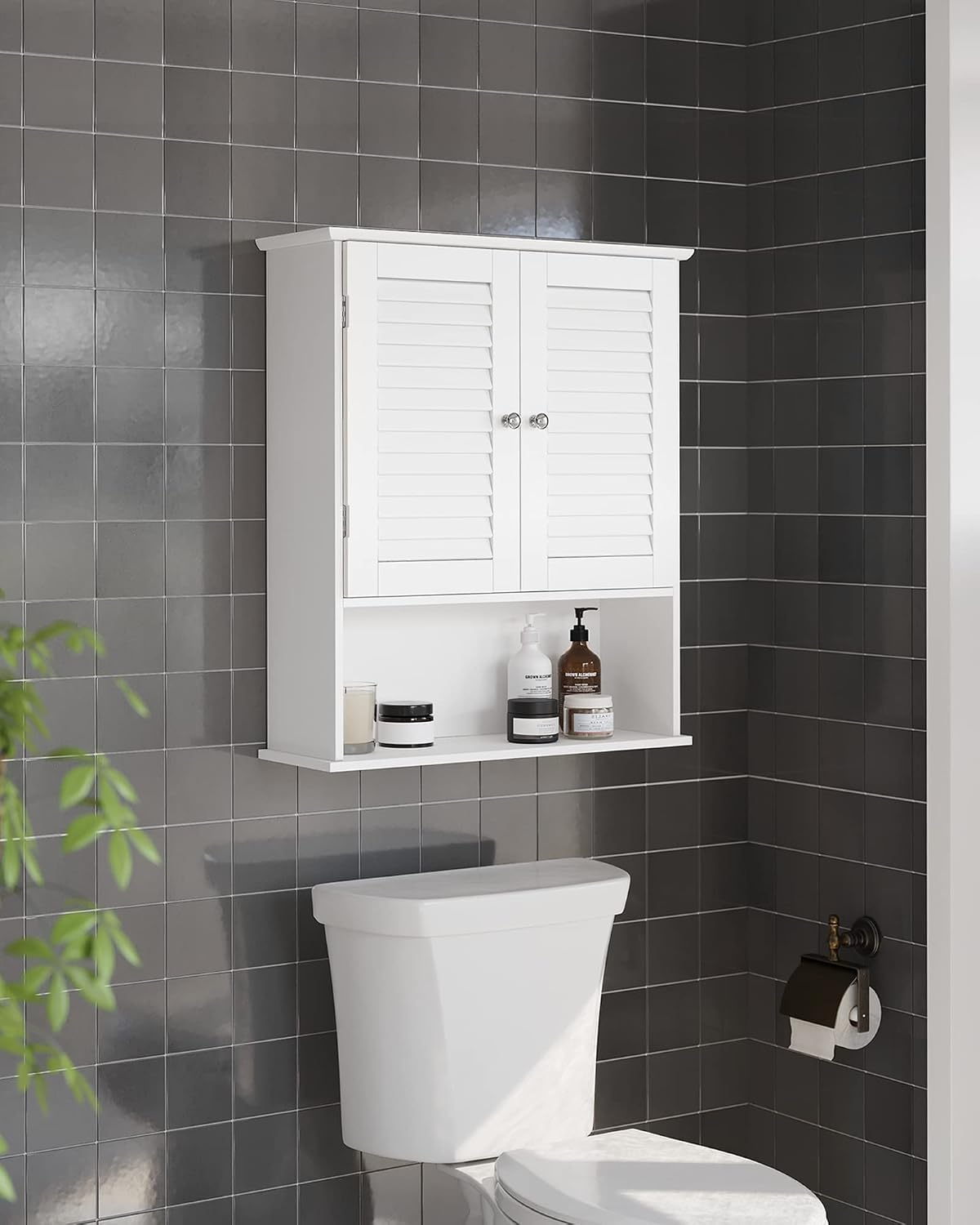 VASAGLE Bathroom Wall Cabinet, Wall-Mounted Bathroom Storage Cabinet, Medicine Cupboard with Adjustable Shelf, Double Shutter Doors and Open Shelf, 20 x 60 x 70 cm, White BBC27WT