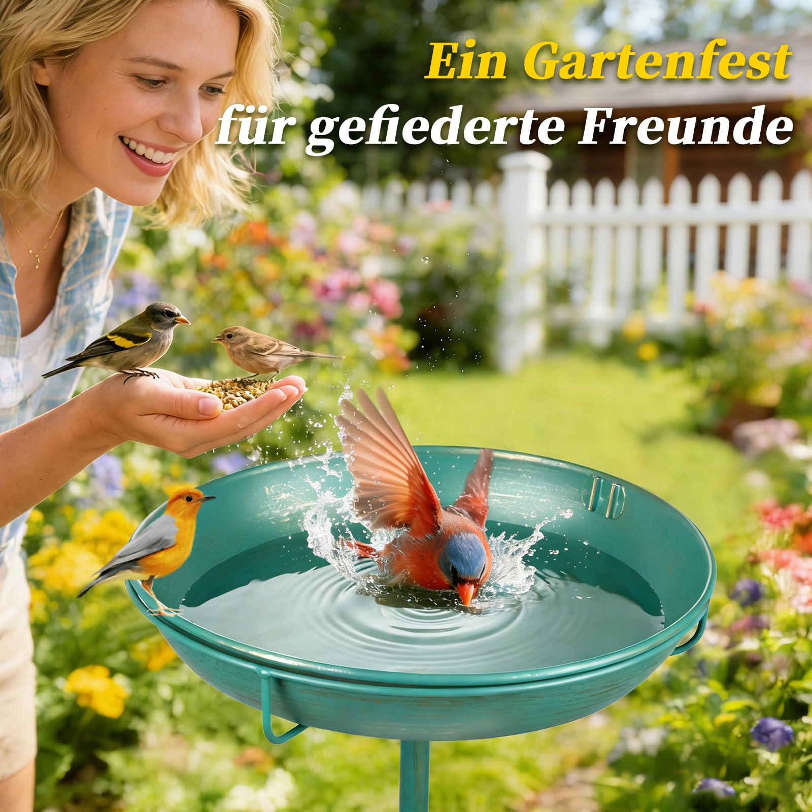 Mellbree Vogeltränke Stehend, Großes Vogelbad mit Sitzstange, Multifunktional für Garten, Metall Vogeltränke in Seeblau mit Goldverzierung – lockt zahlreiche Vogelarten an. (25cm)
