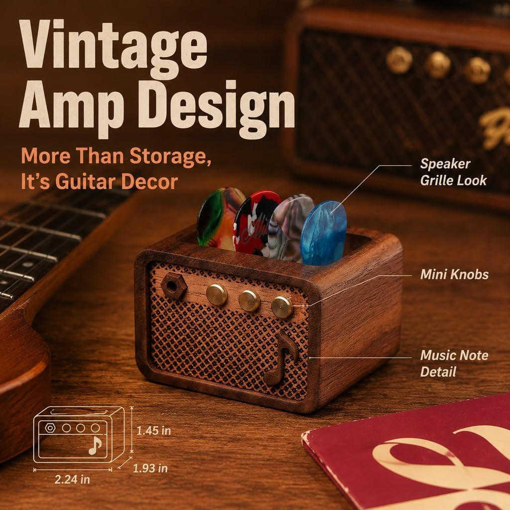 wood guitar pick box, amp style holder, guitar gifts for men image 2