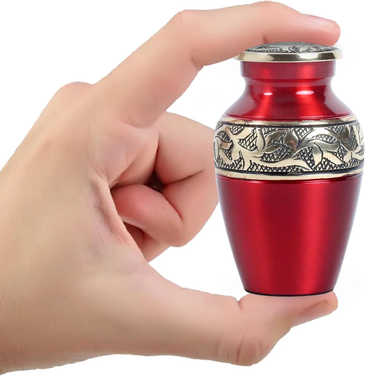 Mini Brass Keepsake Urn for Human Ashes – Handcrafted Red Metal Memorial Urn with Silver Engraved Band – 3 Cubic Inch Small Funeral Cremation Urn for Adult or Pet Ashes with Velvet Bag & Gift Box image 2