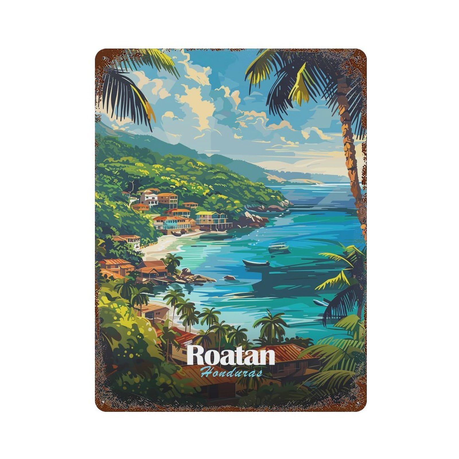 Roatan Honduras Tropical Coastline Art 15.7"x11.8" Decorative Tin Sign, Rustic Home Decor for Patio, Garden Room And Bar Decor