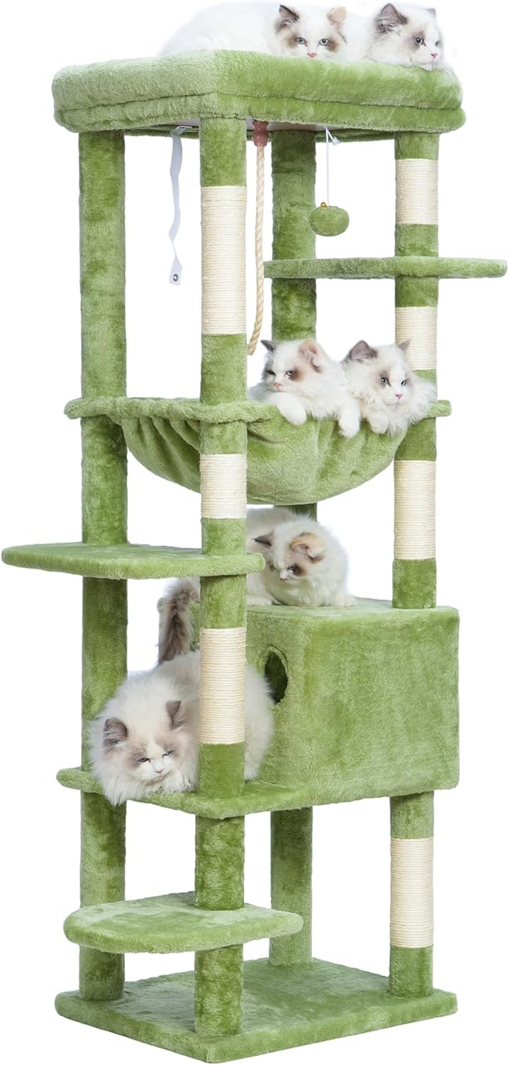 Heybly Cat Tree for Large Cats 20lbs Heavy Duty,60 inches XXL Cat Tower for Indoor Cats, Multi-Level Furniture Condo with Big Padded Plush Perch, Cozy Basket, Green HCT050GR