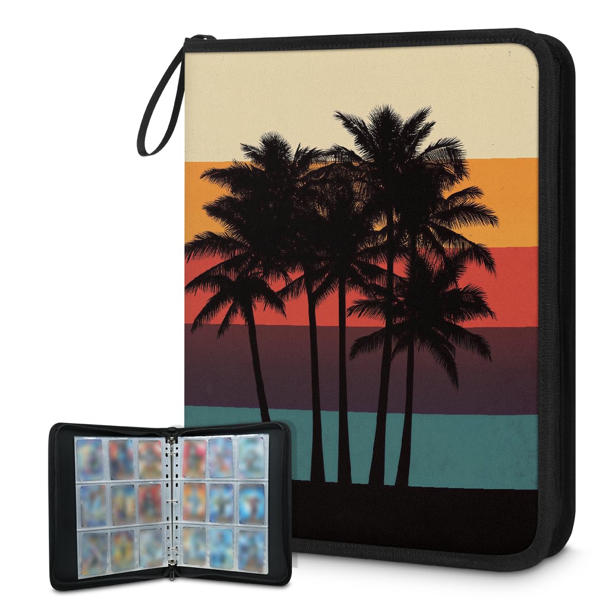 Raccoglitore per carte con 9 tasche, 900 tasche, con chiusura a cerniera (palma a righe di colore metallico)