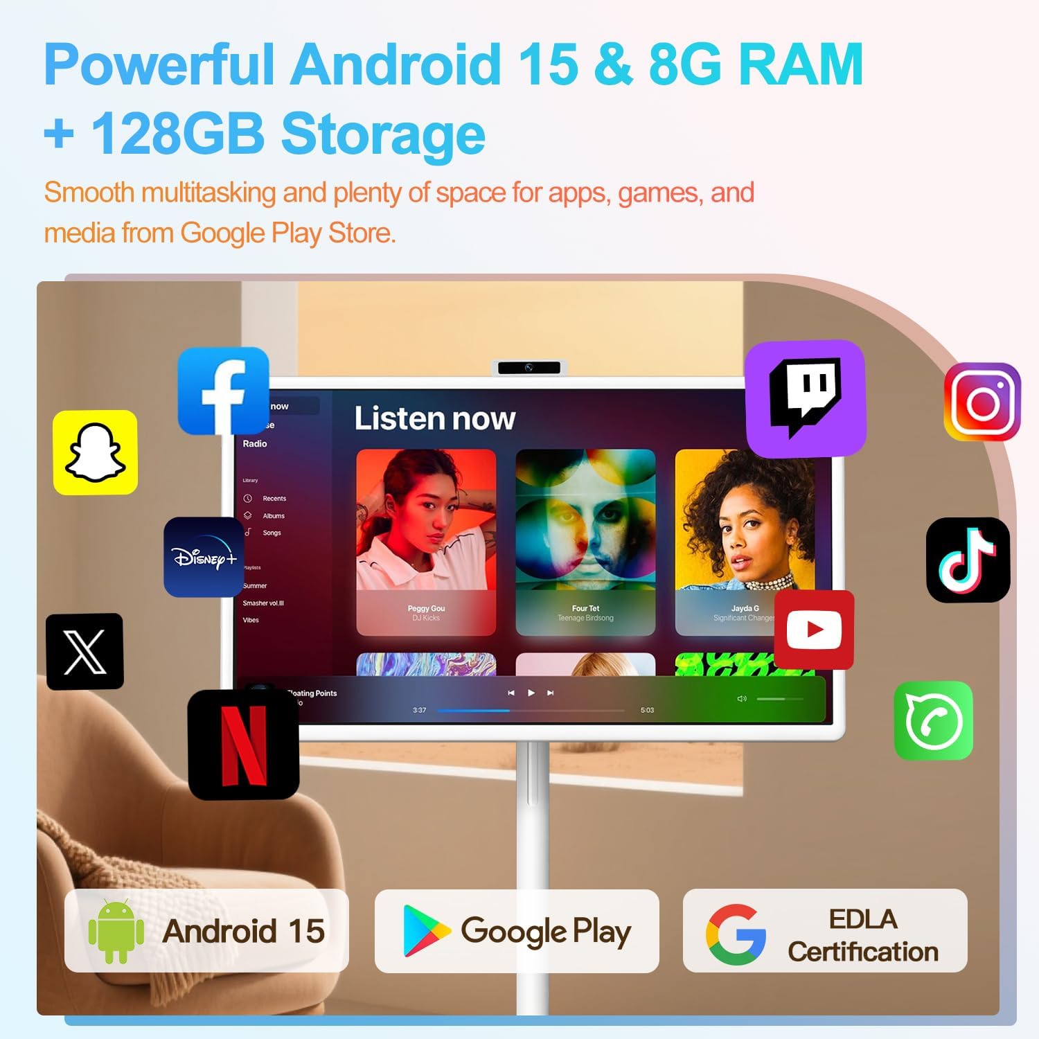 32" Portable Smart TV with Android 15, 1080P Touch Screen Monitor on Wheels, EDLA-Certified, 8GB+128GB Storage, 5MP Camera, 10H Playing Time, Rotatable Display, Wireless Casting, Voice Remote Control