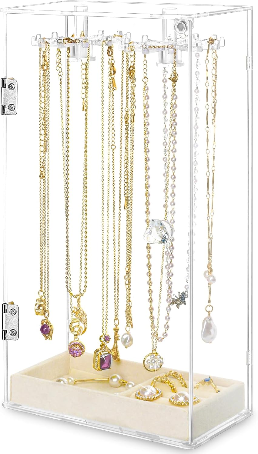 Cirhy Necklace Holder, Acrylic Necklace Organizer with 24 Rotating Hooks, Dust-Proof Jewelry Display Case for Necklaces, Pendants, Earrings, Rings, Enclosed Clear Storage Stand with Velvet Lined Tray