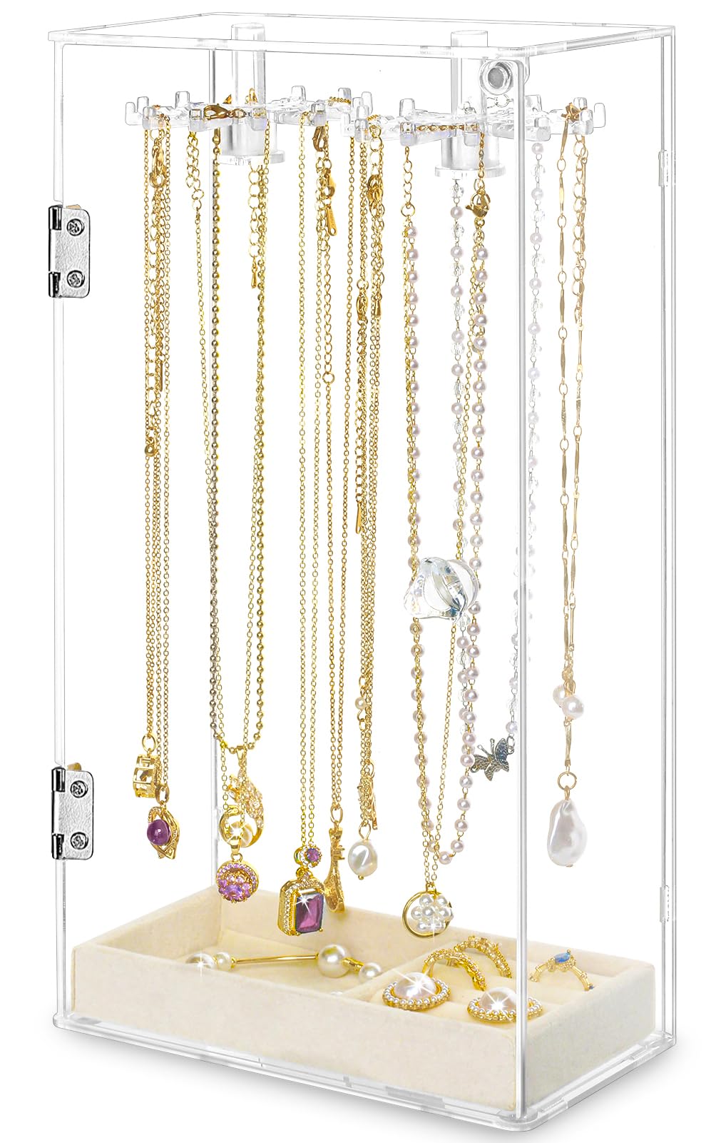 Necklace Holder Organizer,Dustproof Acrylic Jewelry Organizer,24 Hooks Necklace Organizer Storages for Pendant Bracelets Storage Display Stand,Jewelry Boxes with Velvet Jewelry Tray for Earrings Rings