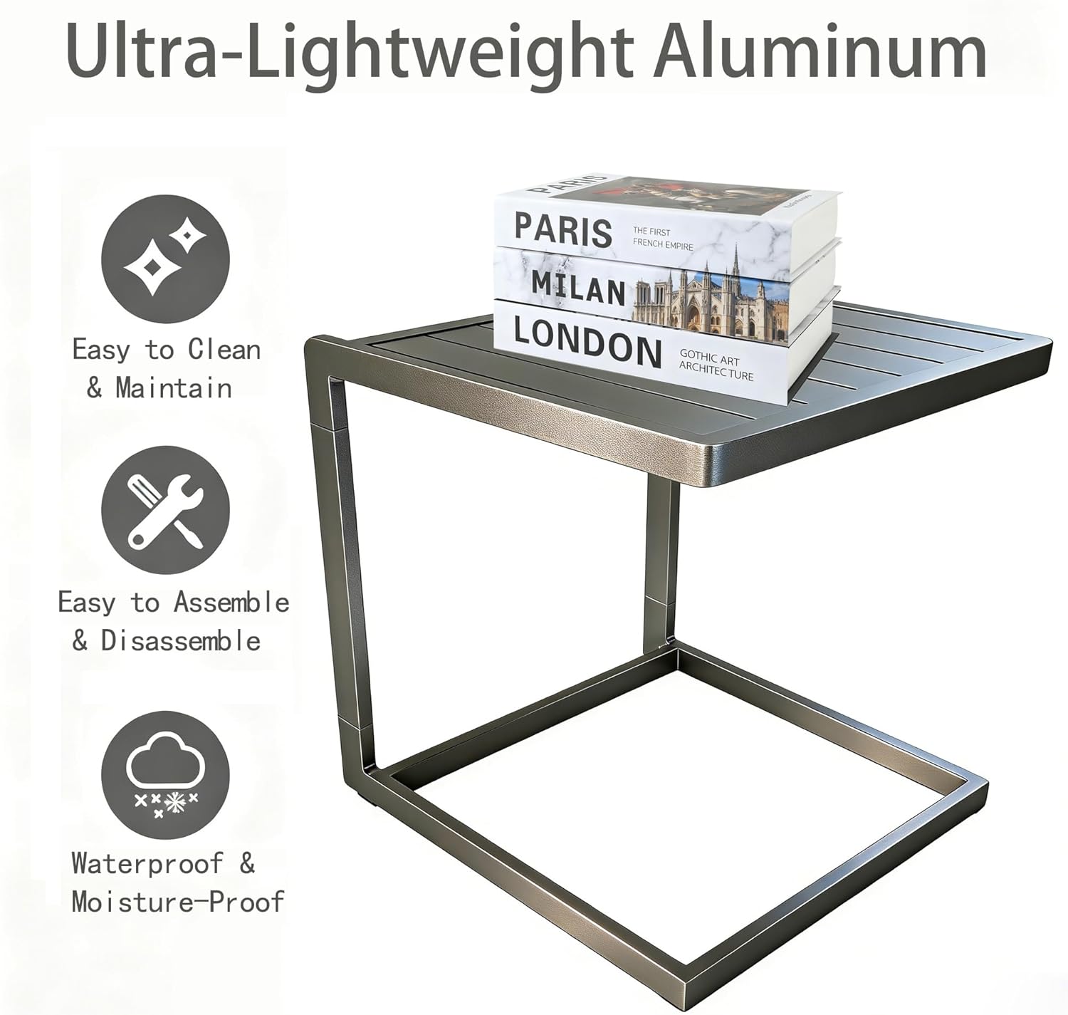 Aluminum C Shaped Outdoor Side Table, Weather Resistant Patio End Table with Aluminum Frame, Slim C Table for Sofa Lounge Chair, Indoor Outdoor Small Side Table for Patio Garden Balcony Deck