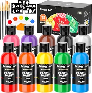 Shuttle Art Fabric Paint, 10 Colors Permanent Soft Fabric Paint in Bottles (120ml/4oz) with Brushes, Palette, Stencils, Non-Toxic Textile Paint for T-Shirts, Shoes, Jeans, Bags, DIY Projects&Art
