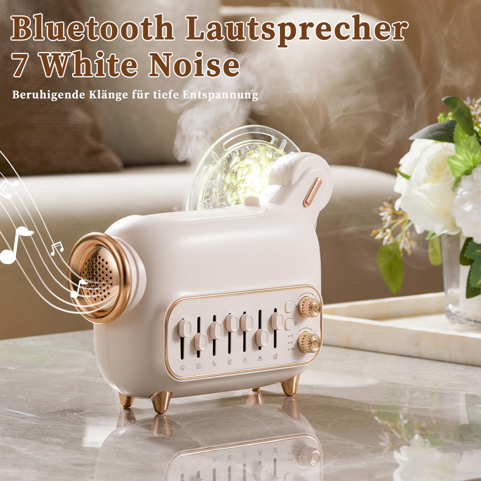 Humidificador 6 en 1 con difusor de aroma, altavoz Bluetooth, luz nocturna, ruido blanco y temporizador, humidificador ultrasónico de niebla fría de 120 ml para dormitorio, habitación infantil