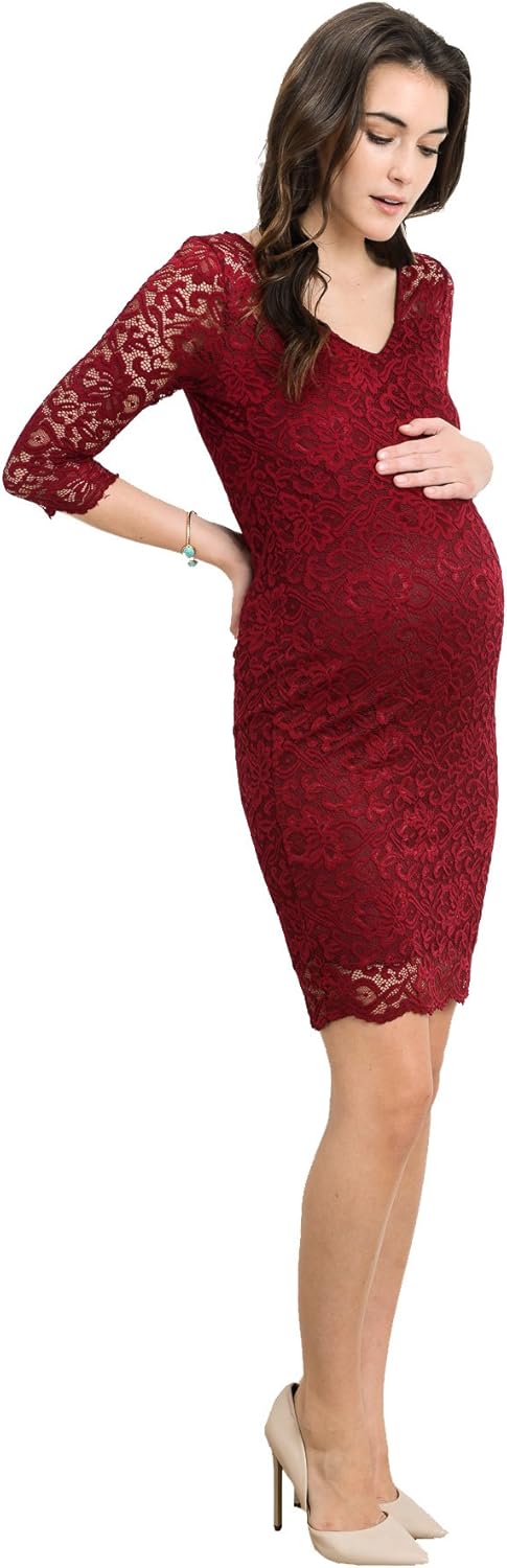 HELLO MIZ Women's Maternity Floral Lace Knee Length Bodycon Dress (Medium, Burgundy)
