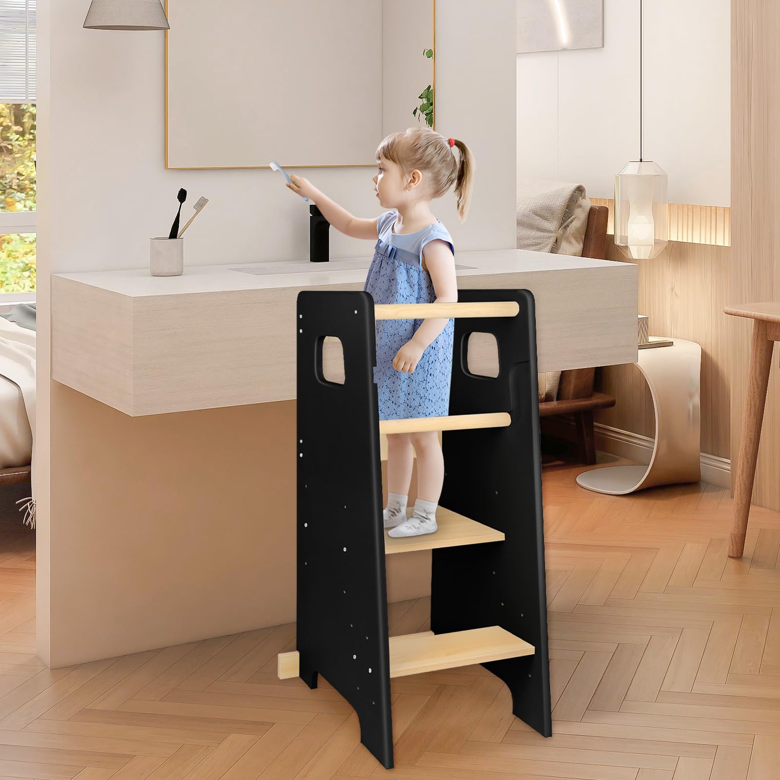 Lernturm für Kinder aus Robuster Holz - mit 3 höhenverstellbaren Ebenen - Tritthocker Kinder - Learning Tower, Kinder Lernturm, Baby Stehen Fußstuhl (schwarz)