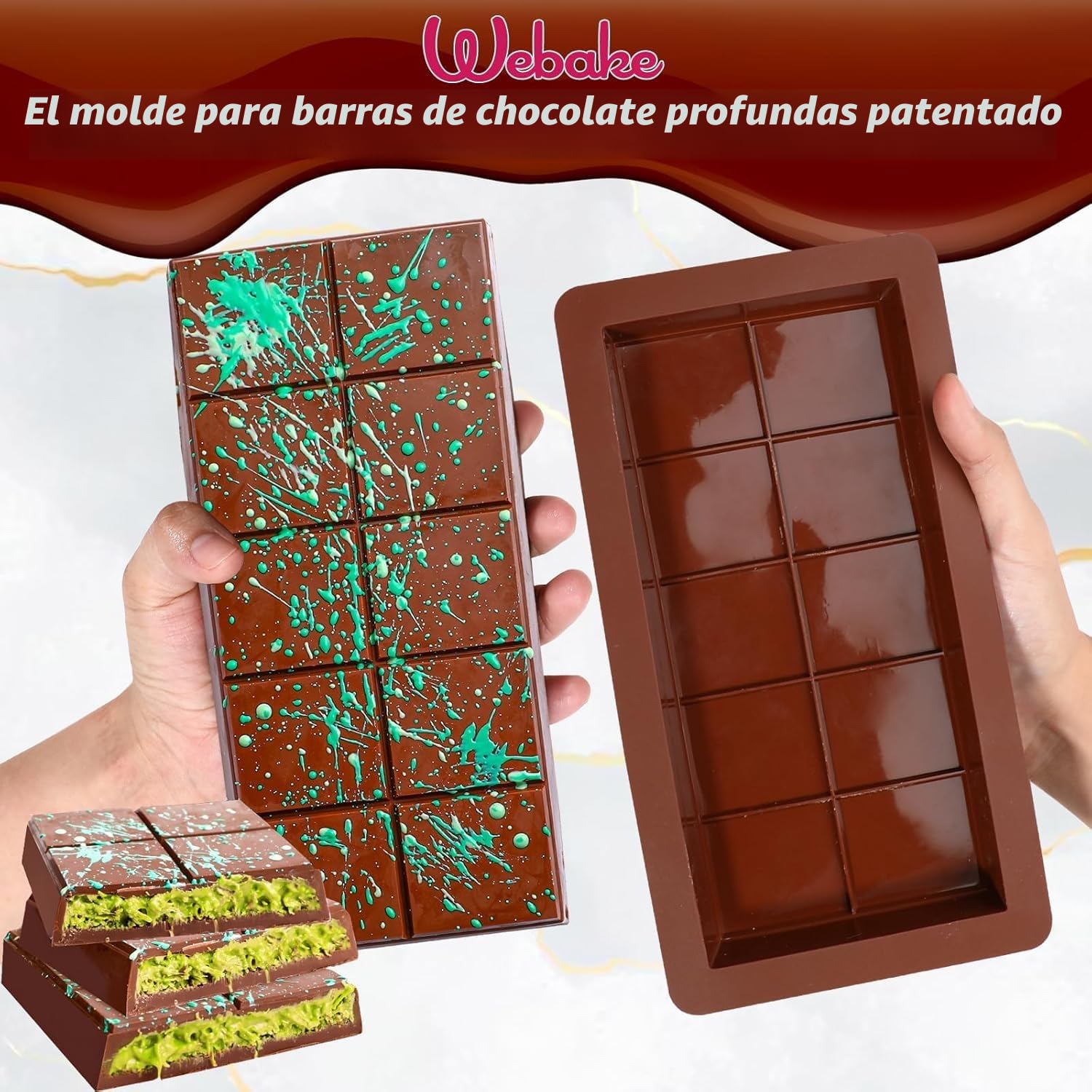 Webake Molde Turron de Silicona Profundo 2 Piezas Molde de Barra de Chocolate