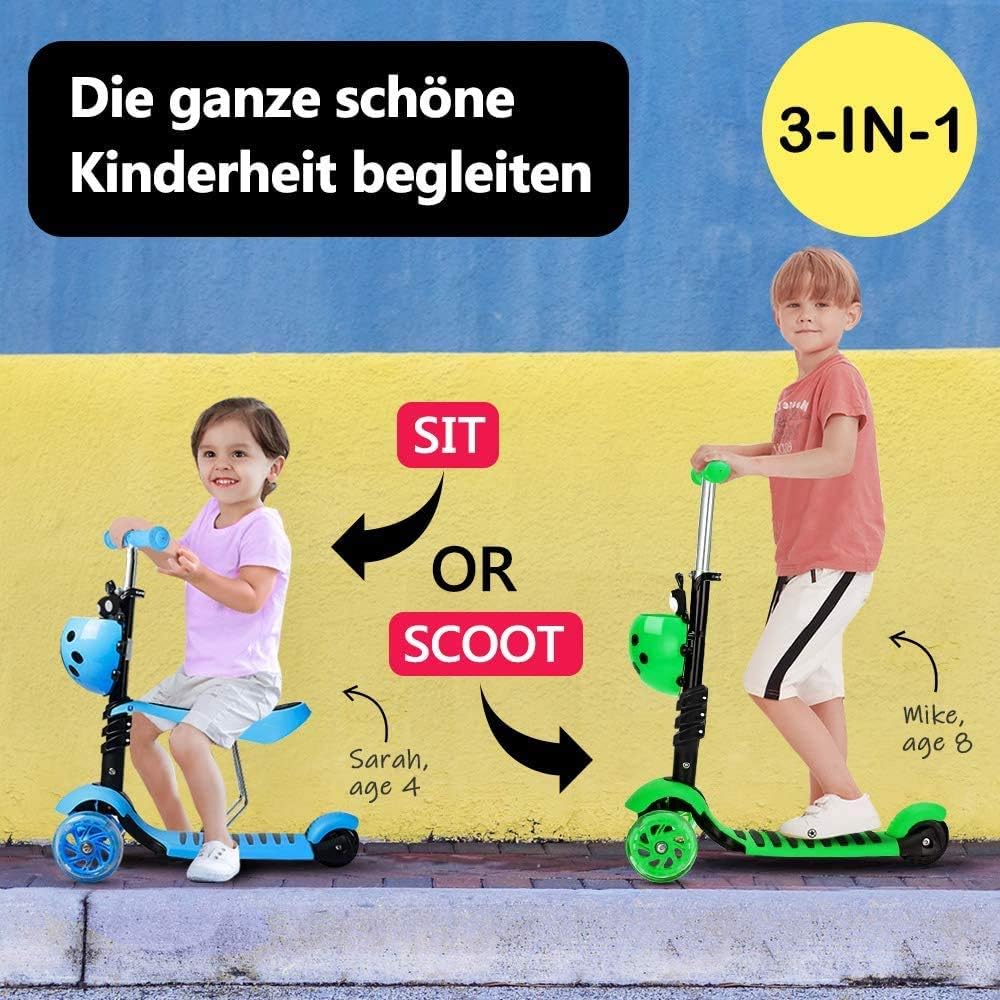 YOLEO 5-in-1 Kinder Roller Scooter mit Abnehmbarer Karikaturkorb Sitz Schubstange Große Räder Bequeme Rückenlehne Höheverstellbare Lenker für Kleinkinder Jungen Mädchen ab 2 Jahre (Blau)
